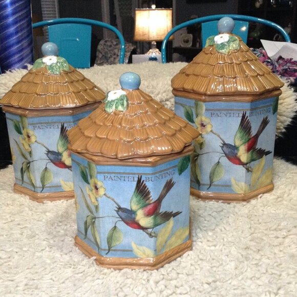 VINTAGE Discontinued Susan Winget 3 pc. Botanical Canister Set, Painted Buntings - Picture 5 of 7